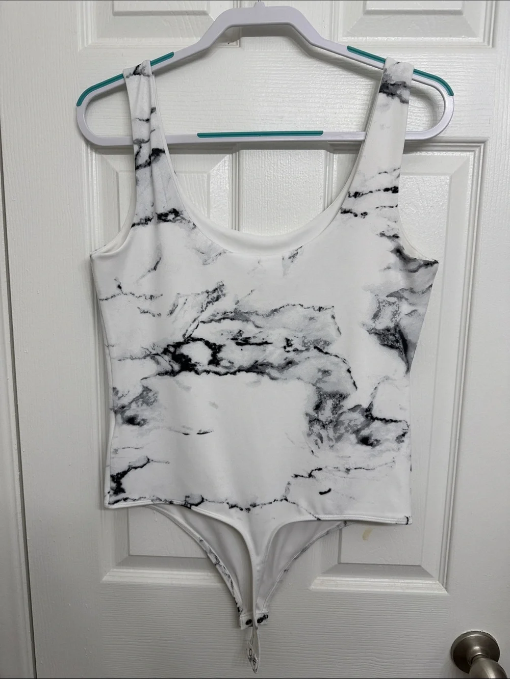 Express White Body Contour Tank Top Bodysuit with Black Marble Print